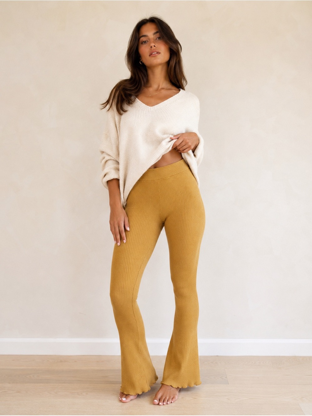High-Rise Ribbed Flare Leggings in Mustard